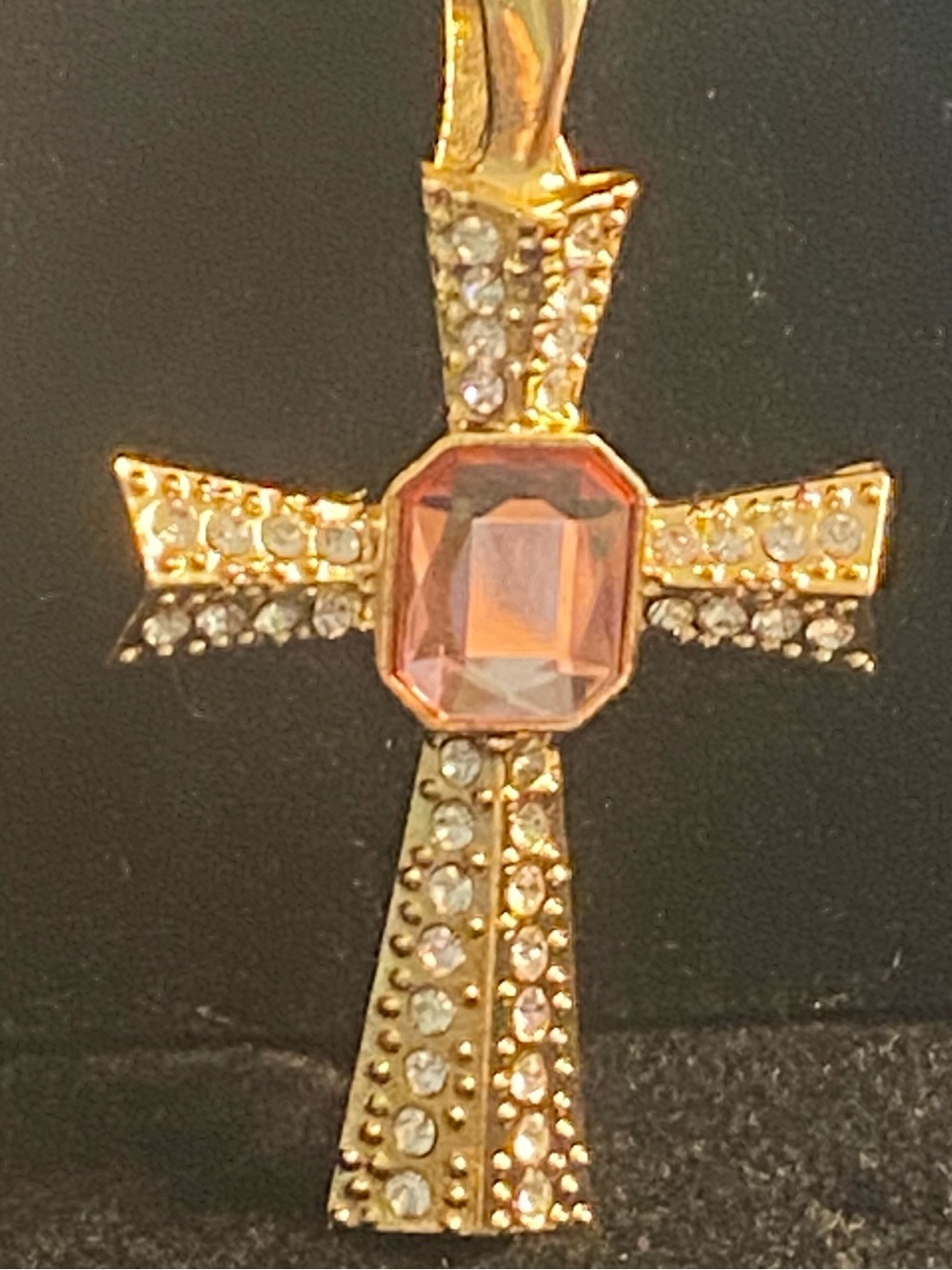 Vintage RMN Roman Co Gold Tone Cross Pendant Square Pink Stone Rhinestone